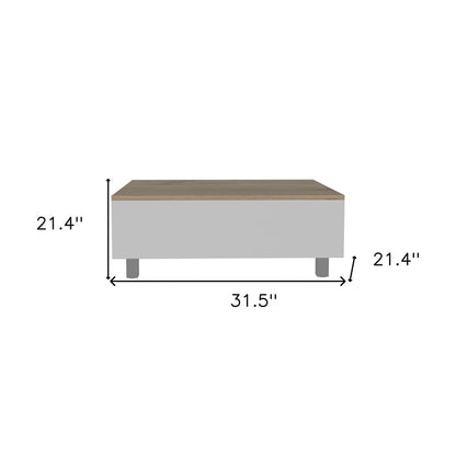 32" White And Light Oak Manufactured Wood Rectangular Lift Top Coffee Table With Drawer And Shelf