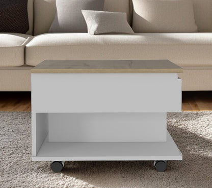 22" White And Light Oak Manufactured Wood Rectangular Coffee Table With Drawer