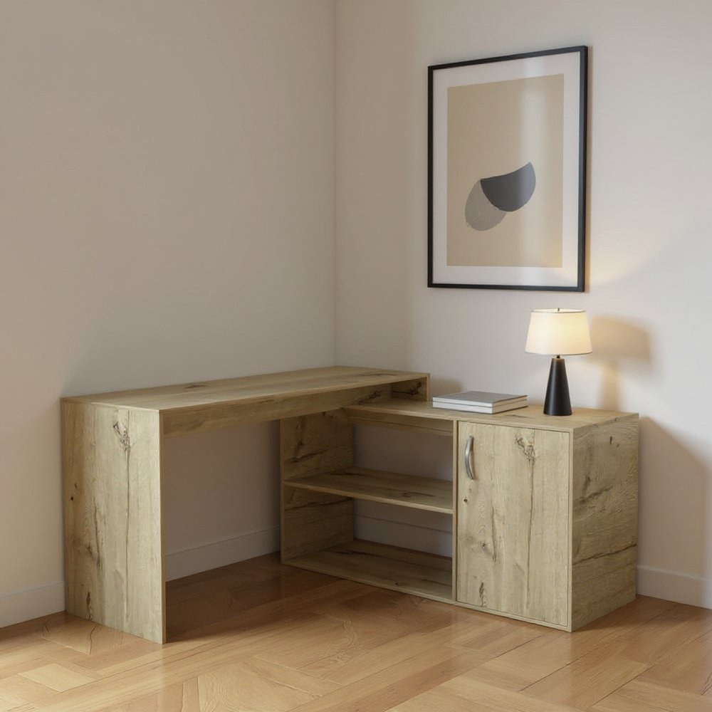 60" Natural L Shape Computer Desk With Three Drawers