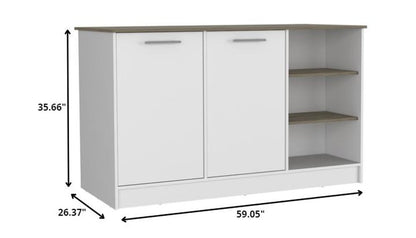 White and Brown 59" Kitchen Island With Storage