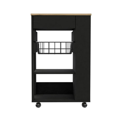 22" Natural And Black Wood Rolling Kitchen Cart With Storage