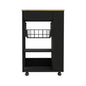 22" Natural And Black Wood Rolling Kitchen Cart With Storage
