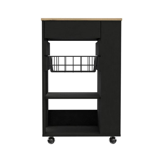 22" Natural And Black Wood Rolling Kitchen Cart With Storage
