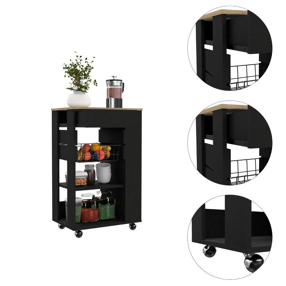 Black and Natural 22" Rolling Kitchen Cart With Storage