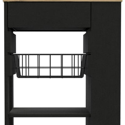 22" Natural And Black Wood Rolling Kitchen Cart With Storage