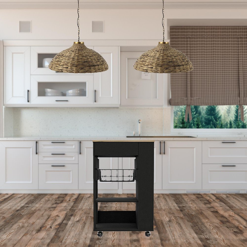 Black and Natural 22" Rolling Kitchen Cart With Storage