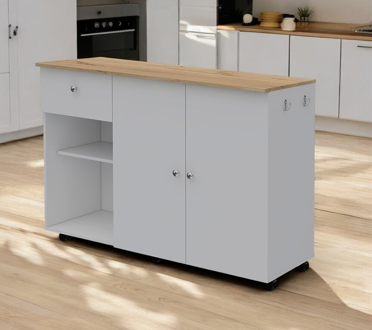 White and Natural 54" Rolling Kitchen Island With Storage