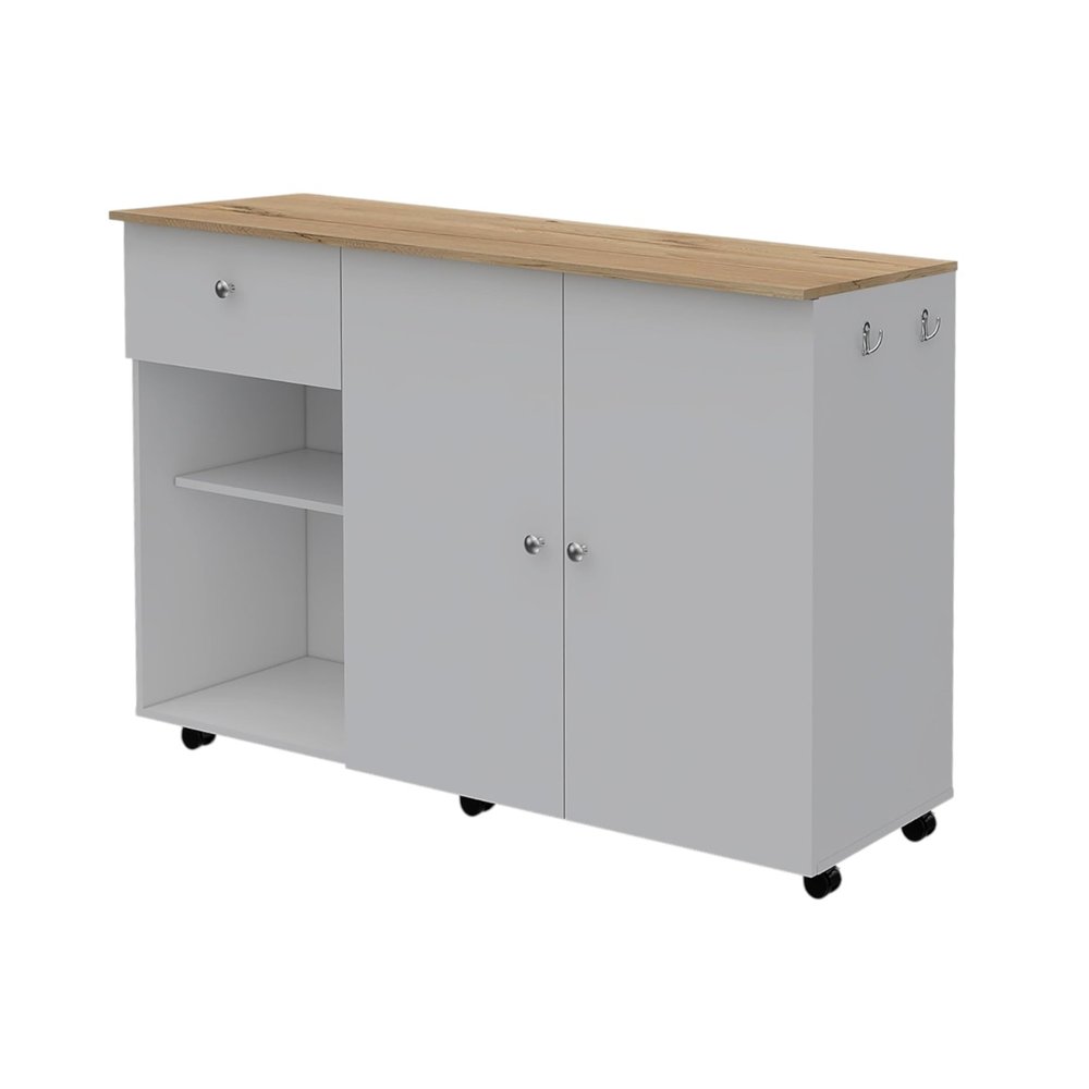 54" Natural and White Wood Flat Door Rolling Kitchen Island With Storage