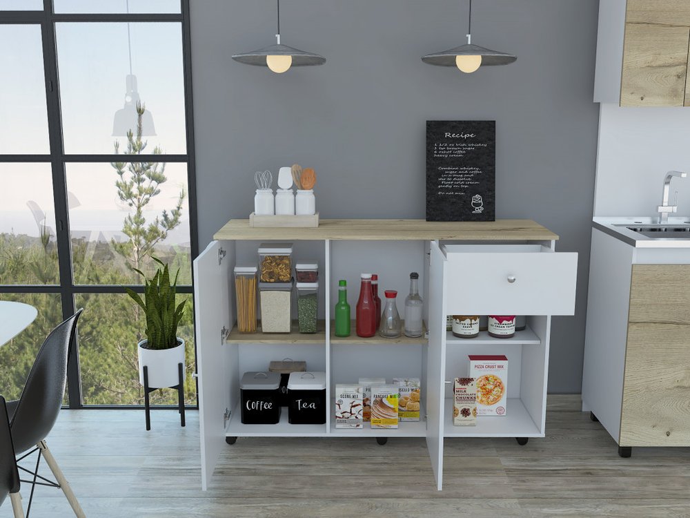 White and Natural 54" Rolling Kitchen Island With Storage