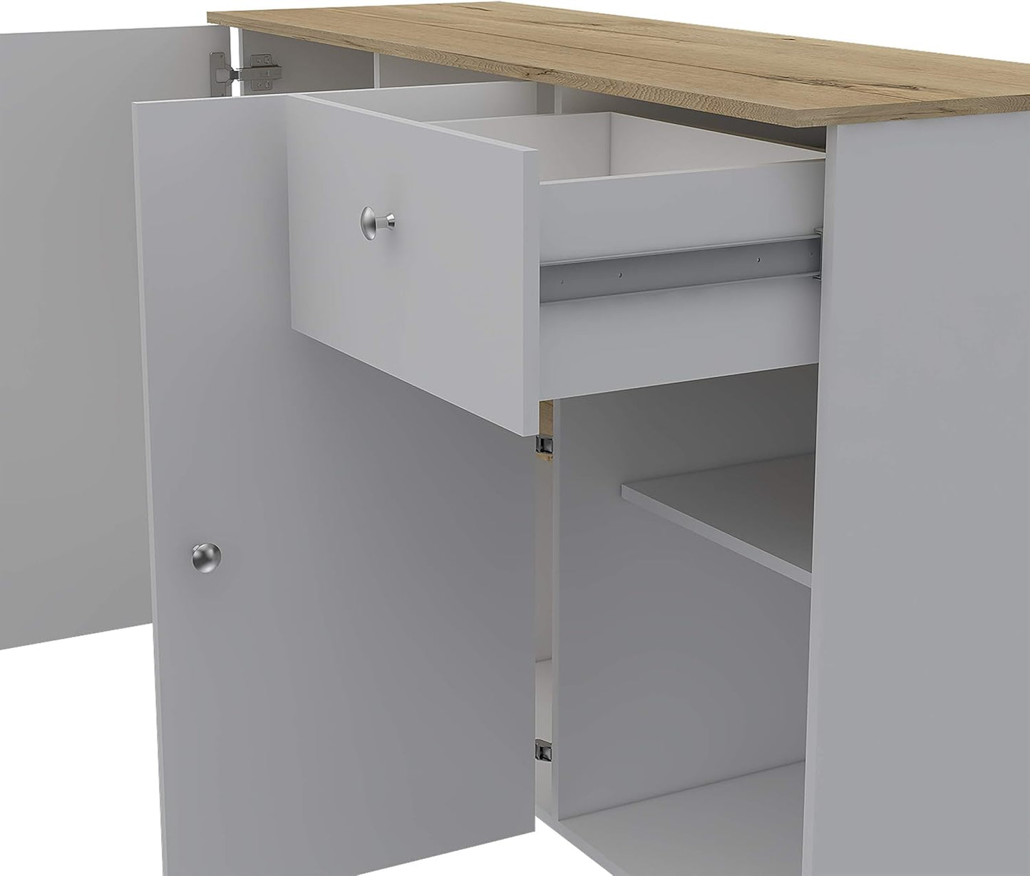 White and Natural 54" Rolling Kitchen Island With Storage