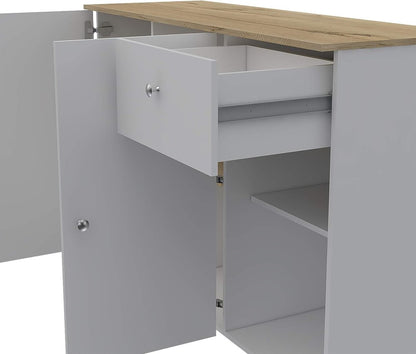 54" Natural and White Wood Flat Door Rolling Kitchen Island With Storage