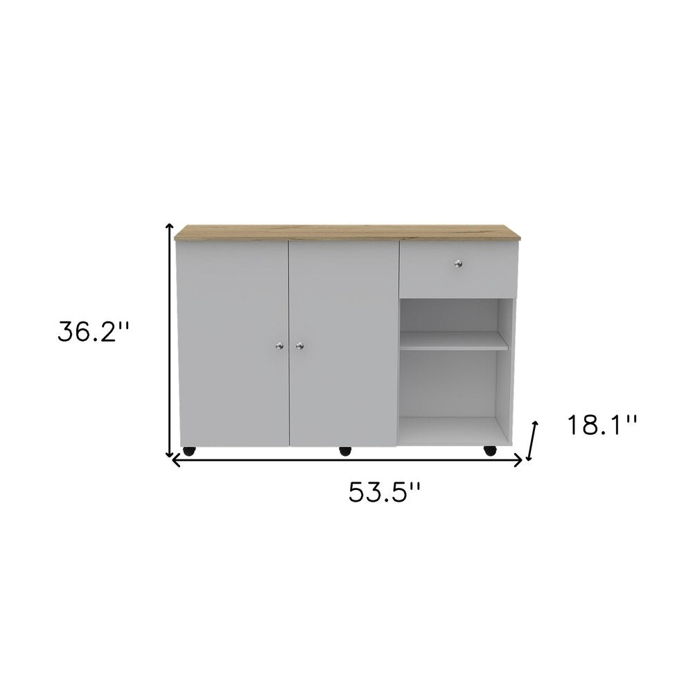 54" Natural and White Wood Flat Door Rolling Kitchen Island With Storage