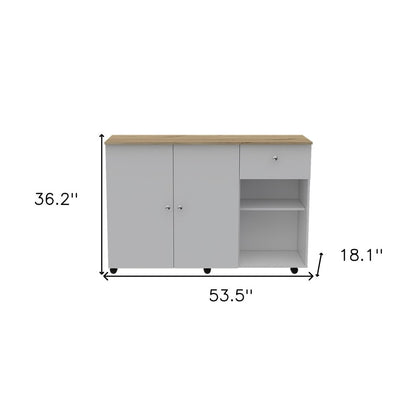 54" Natural and White Wood Flat Door Rolling Kitchen Island With Storage