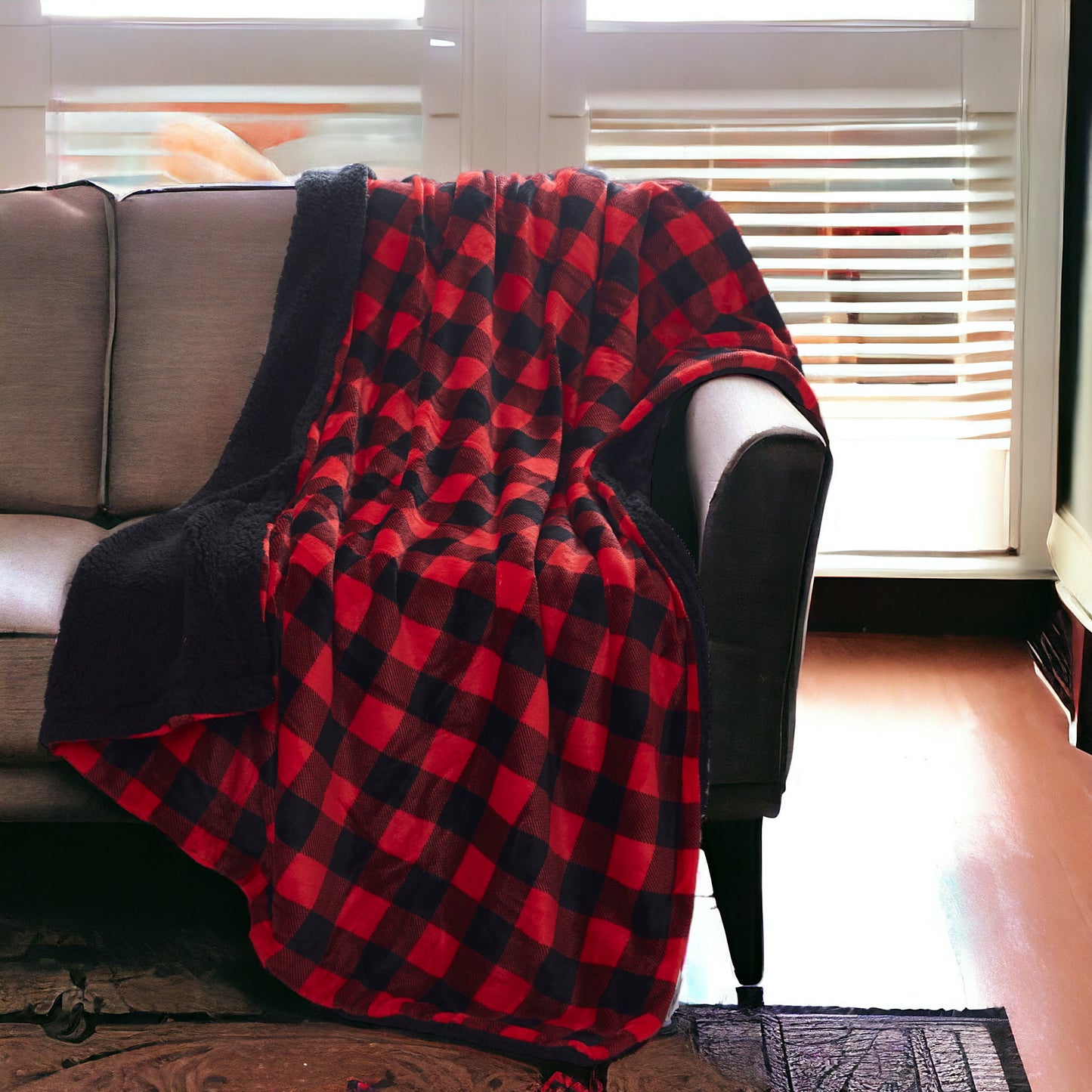 Buffalo Red Black Reversible Velvet and Sherpa Throw Blanket