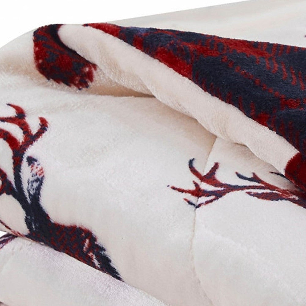 Deer Head Red Navy Printed Velvet and Velvet Throw Blanket