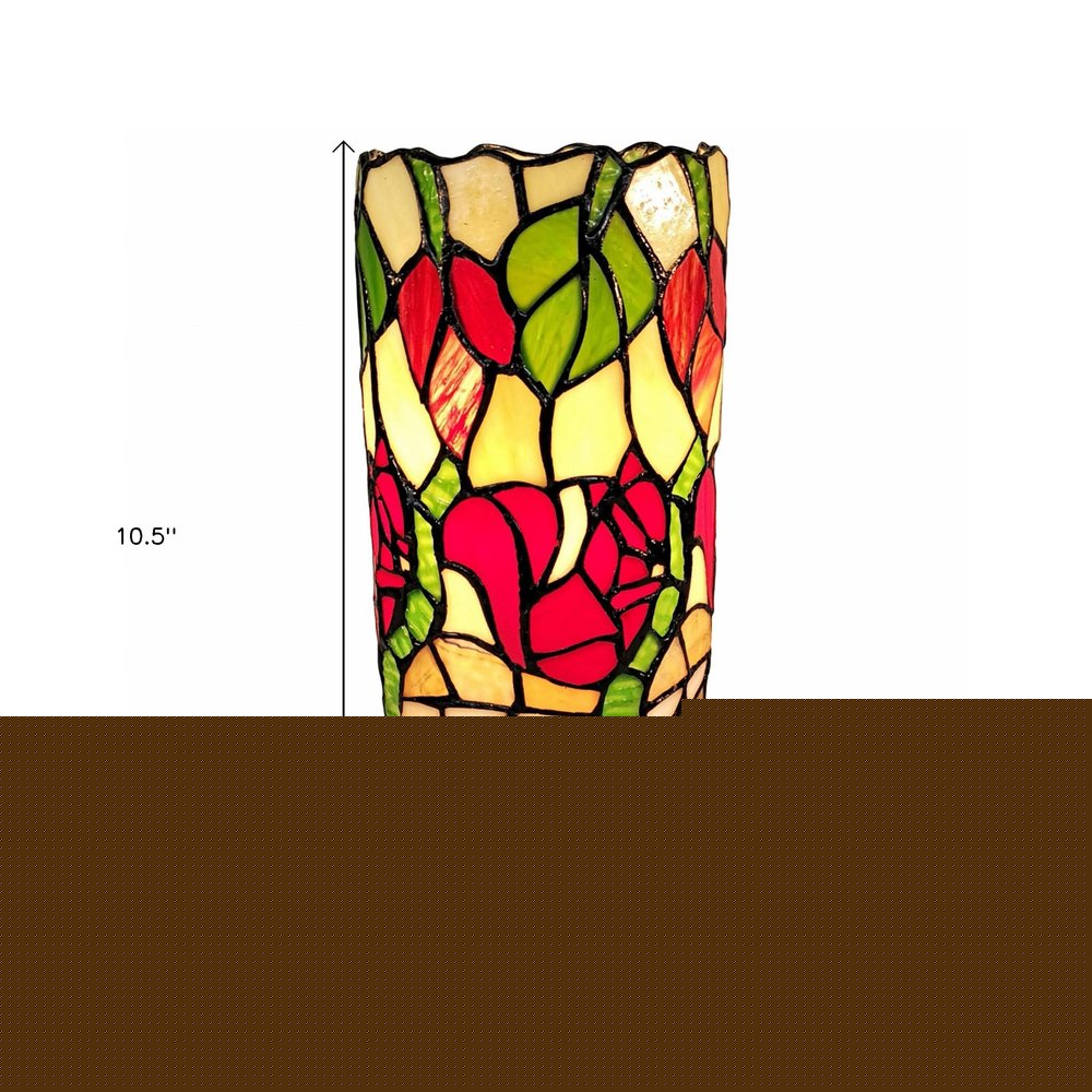 14" Red Green and Black Floral Stained Glass Accent Lamp
