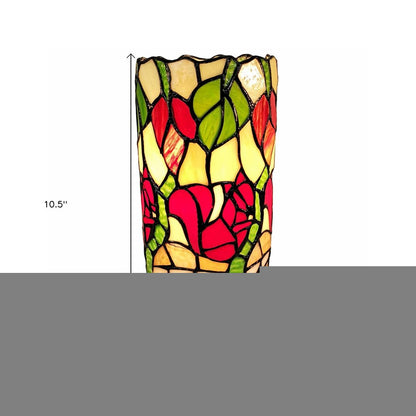 14" Red Green and Black Floral Stained Glass Accent Lamp