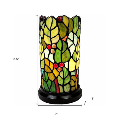 11" Green and Red Leaves and Berries Stained Glass Accent Lamp