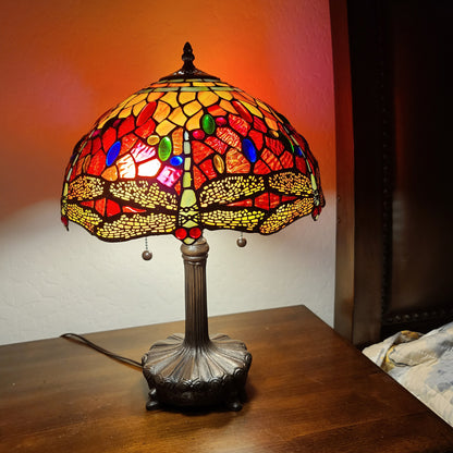 22" Dark Brown Metal Two Light Candlestick Table Lamp With Red and Black Shade