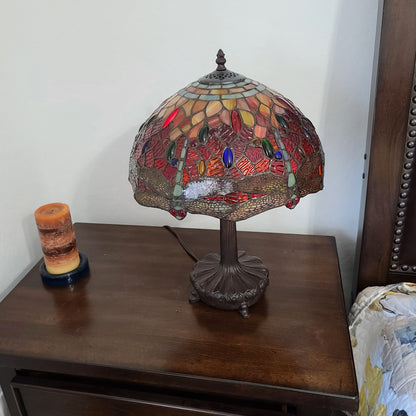 22" Dark Brown Metal Two Light Candlestick Table Lamp With Red and Black Shade