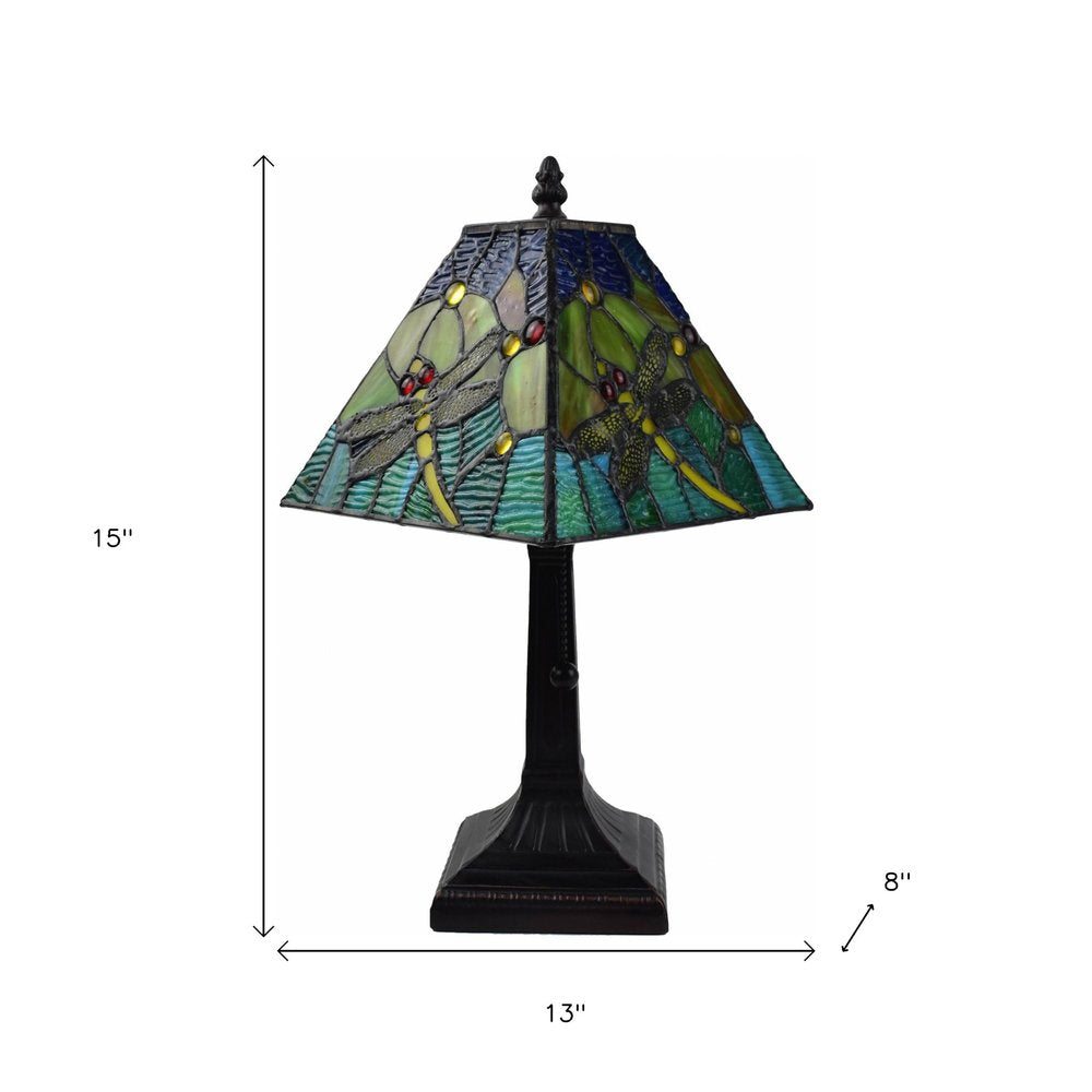 15" Dark Brown Metal Candlestick Table Lamp With Green Empire Shade