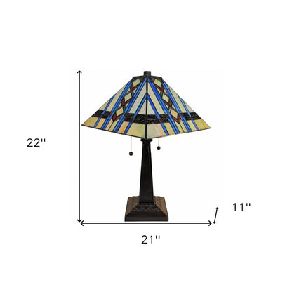 22" Dark Brown Metal Two Light Candlestick Table Lamp With Blue Empire Shade