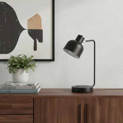 15" Black Metal Desk USB Table Lamp With Black Shade
