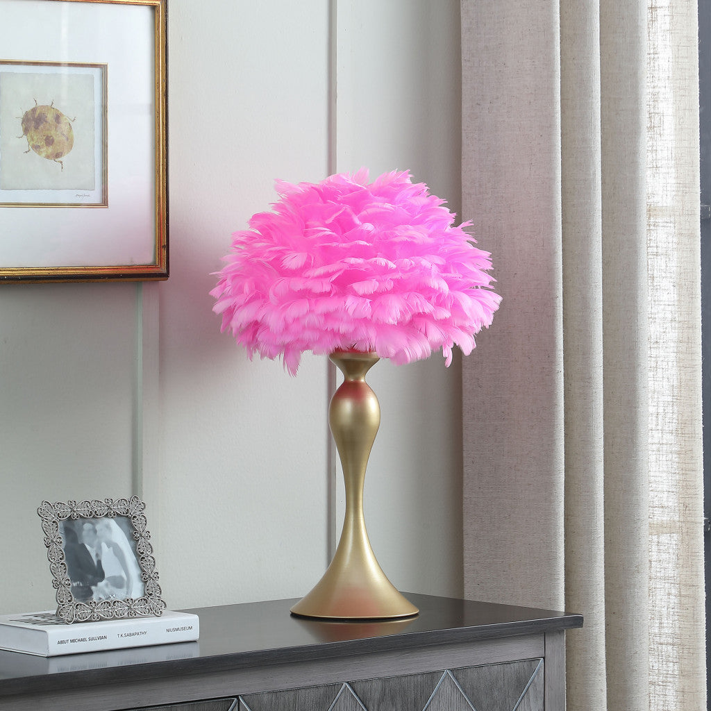 24" Glam Hot Pink Feather and Gold Table Lamp