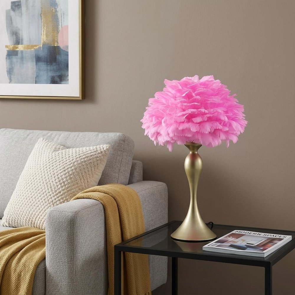 24" Glam Hot Pink Feather and Gold Table Lamp