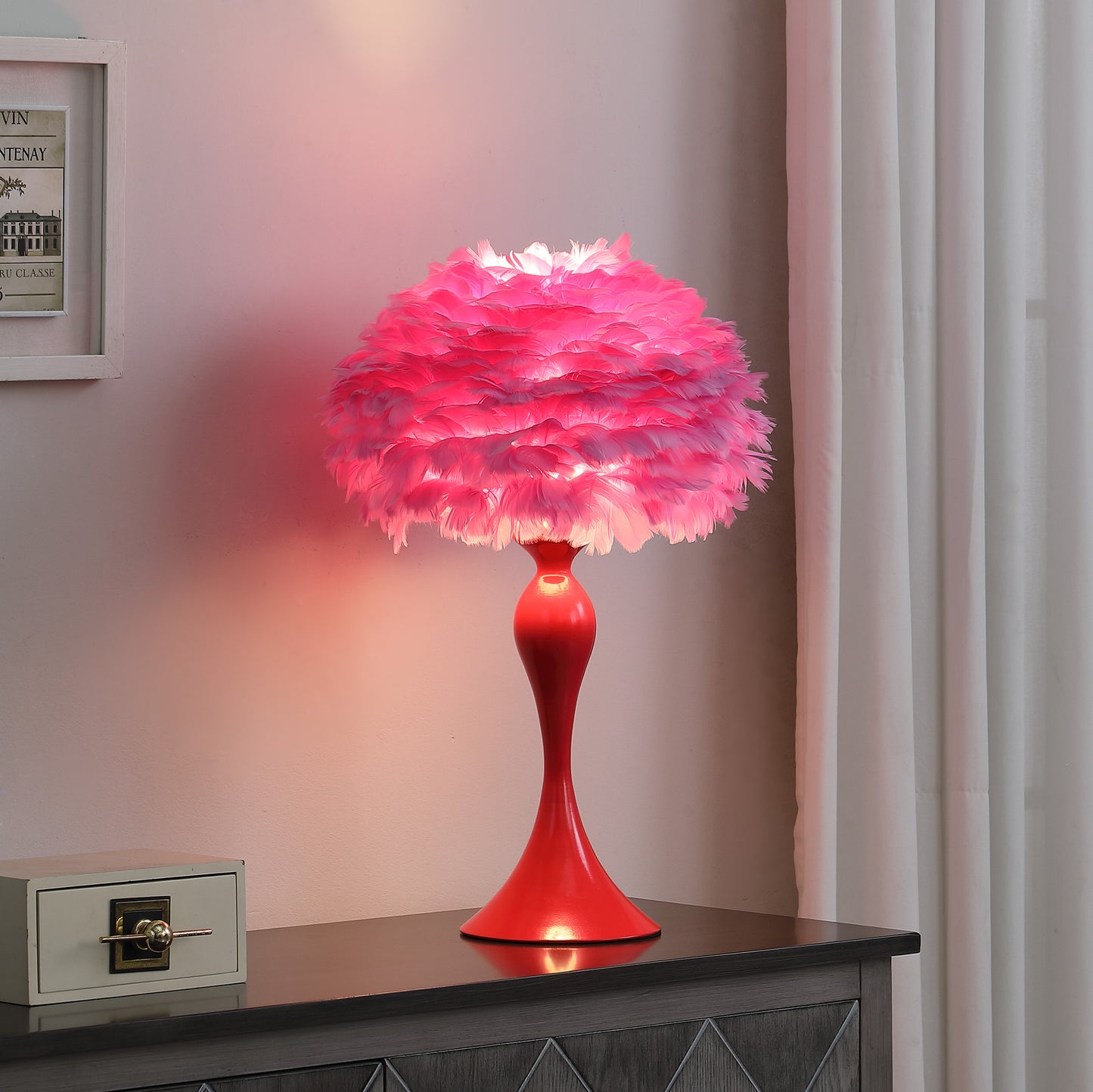 24" Glam Hot Pink Feather and Red Table Lamp