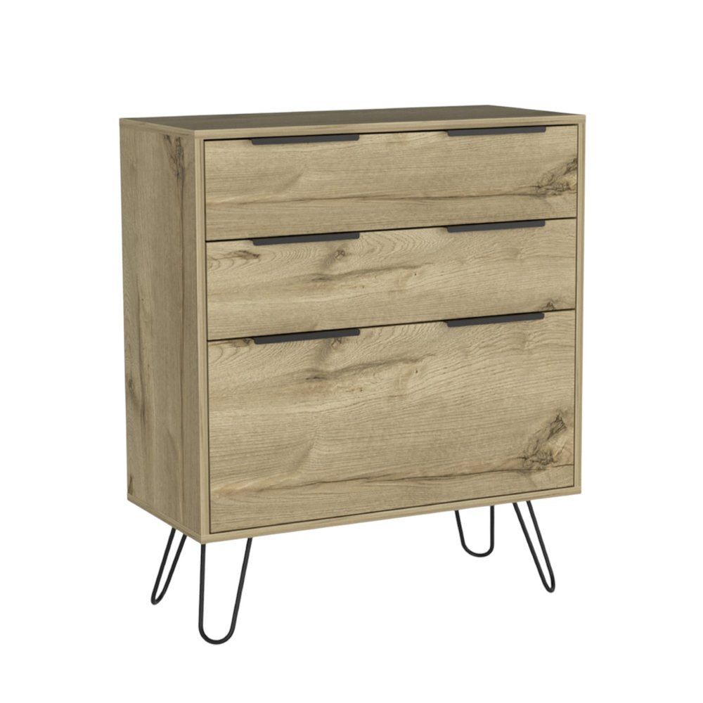 30" Brown And Black Wood Three Drawer Dresser