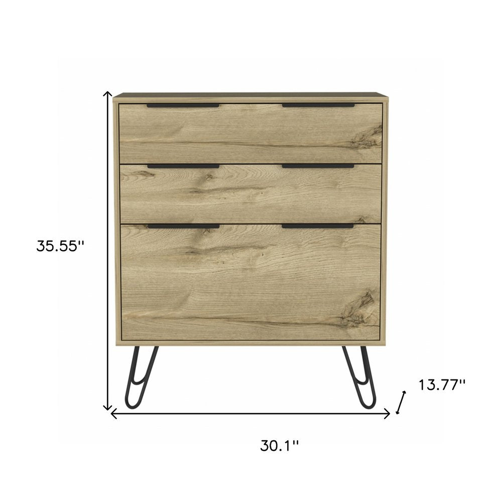 30" Brown And Black Wood Three Drawer Dresser