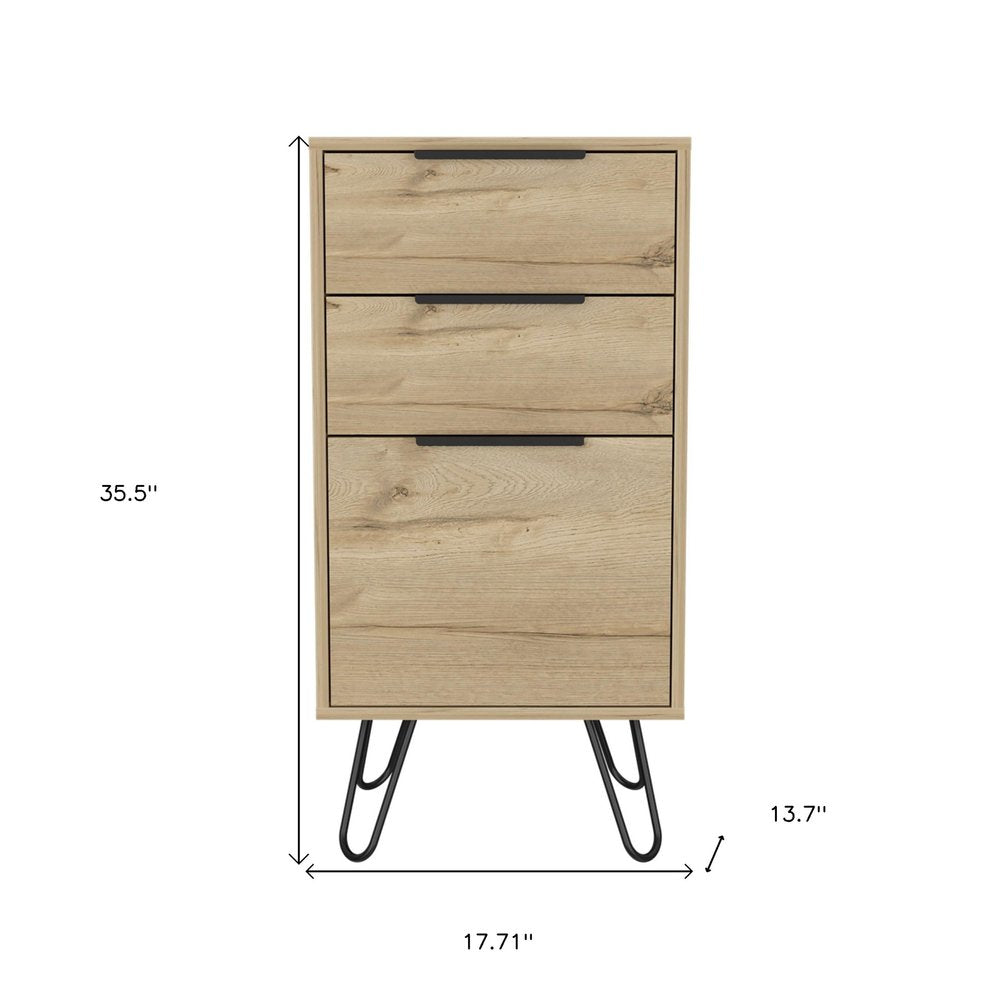 18" Brown And Black Wood And Metal Three Drawer Dresser