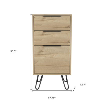 18" Brown And Black Wood And Metal Three Drawer Dresser