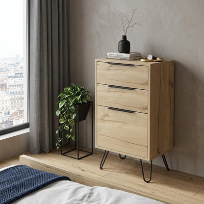 18" Brown And Black Wood And Metal Three Drawer Dresser