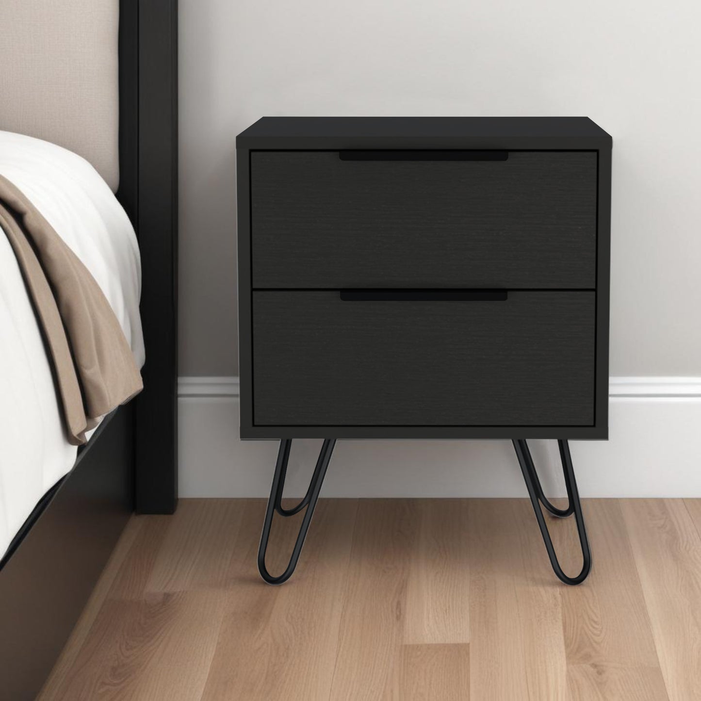 22" Black Two Drawer Faux Wood Nightstand