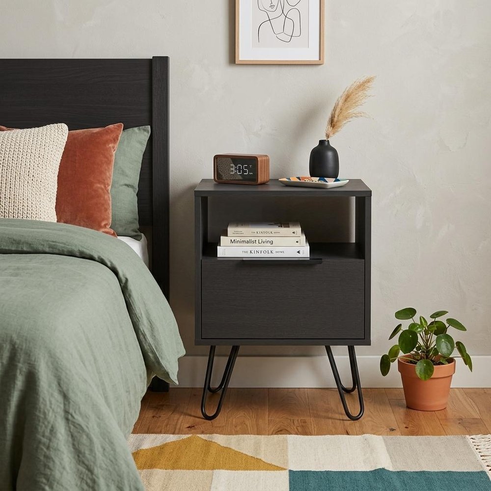 22" Black Wood One Drawer Nightstand