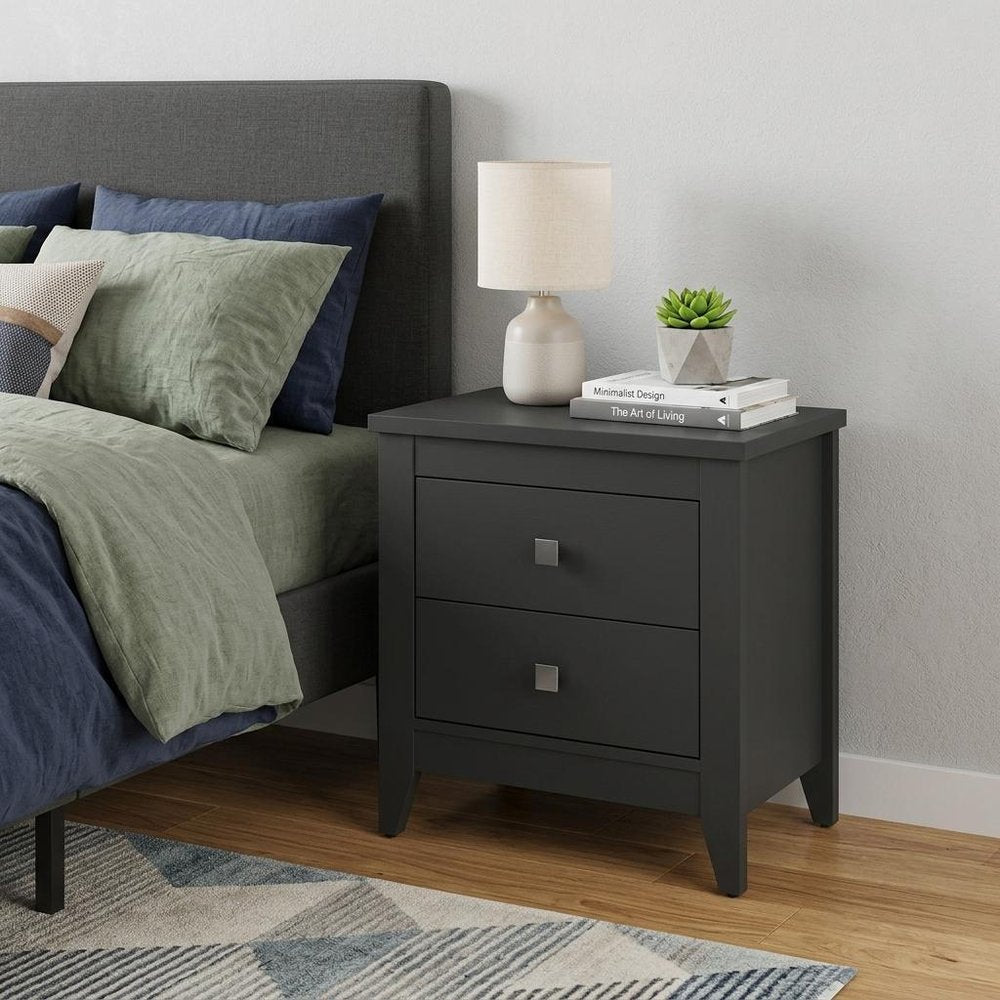 24" Black Wood Two Drawer Nightstand