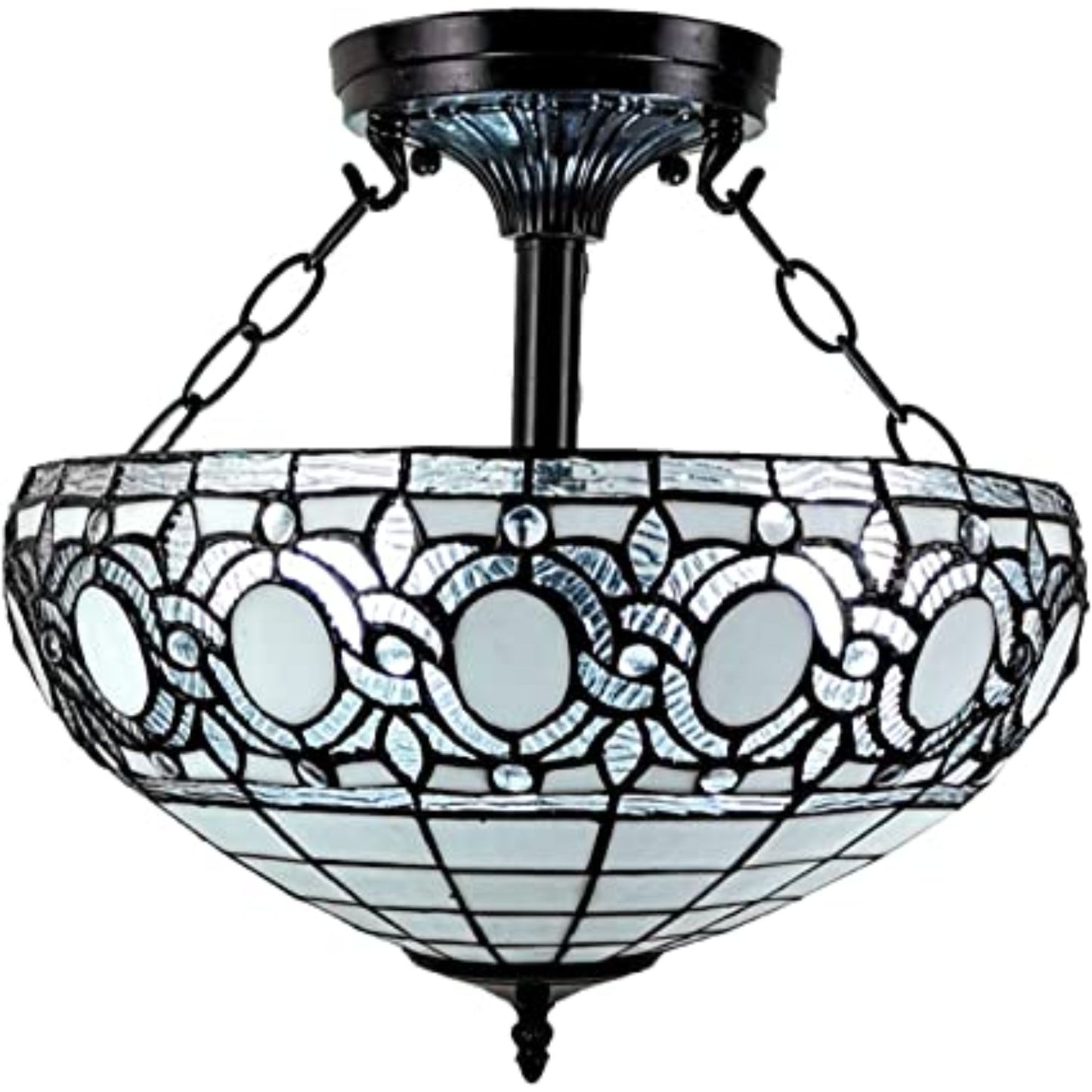 Blue and Black Tiffany Style Two Light Glass Dimmable Semi Flush Ceiling Light