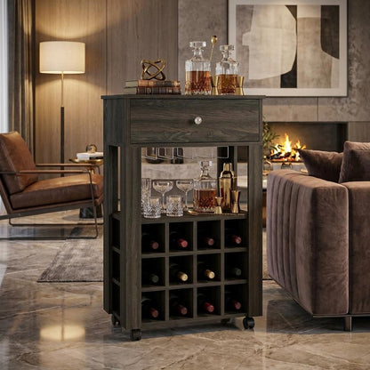 Espresso Rolling Bar Cart With Wine Storage