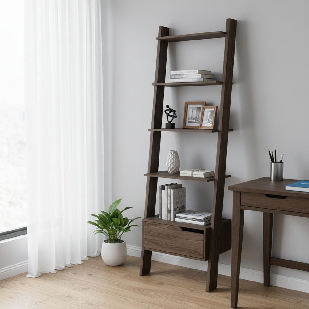 70" Brown Five Tier Ladder Bookcase with A Drawer
