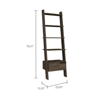 70" Brown Five Tier Ladder Bookcase with A Drawer