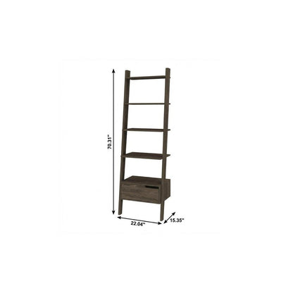 70" Brown Five Tier Ladder Bookcase with A Drawer