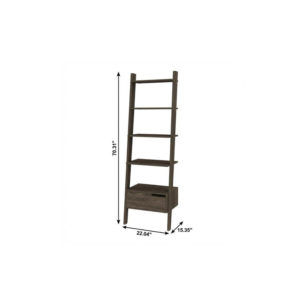 70" Brown Five Tier Ladder Bookcase with A Drawer