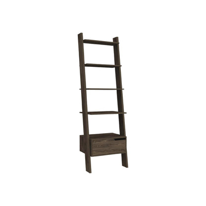 70" Brown Five Tier Ladder Bookcase with A Drawer