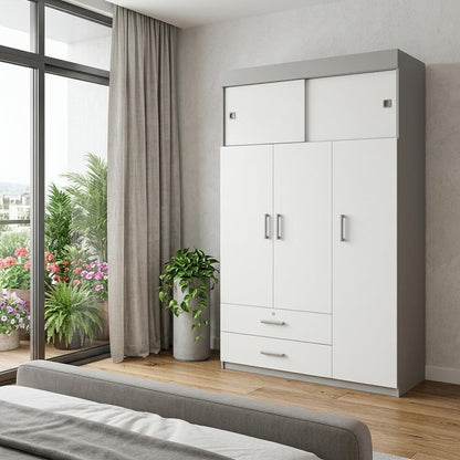 73" White Wood Three Door Two Drawer Combo Dresser