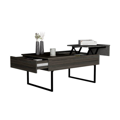 39" Espresso And Black Metal Lift Top Coffee Table With Drawer