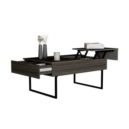 39" Espresso And Black Metal Lift Top Coffee Table With Drawer
