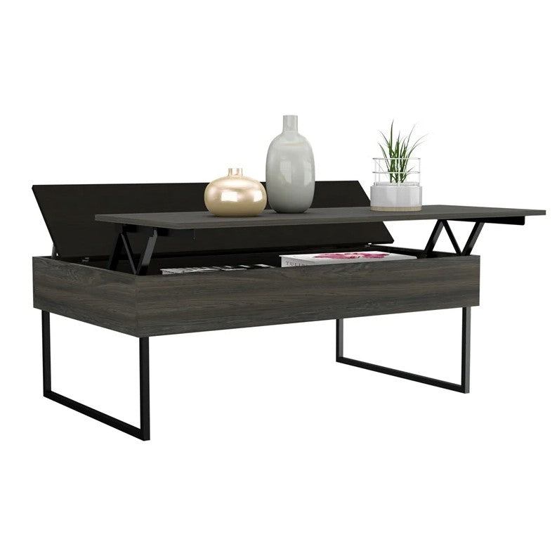 49" Espresso And Black Metal Lift Top Coffee Table With Two Shelves