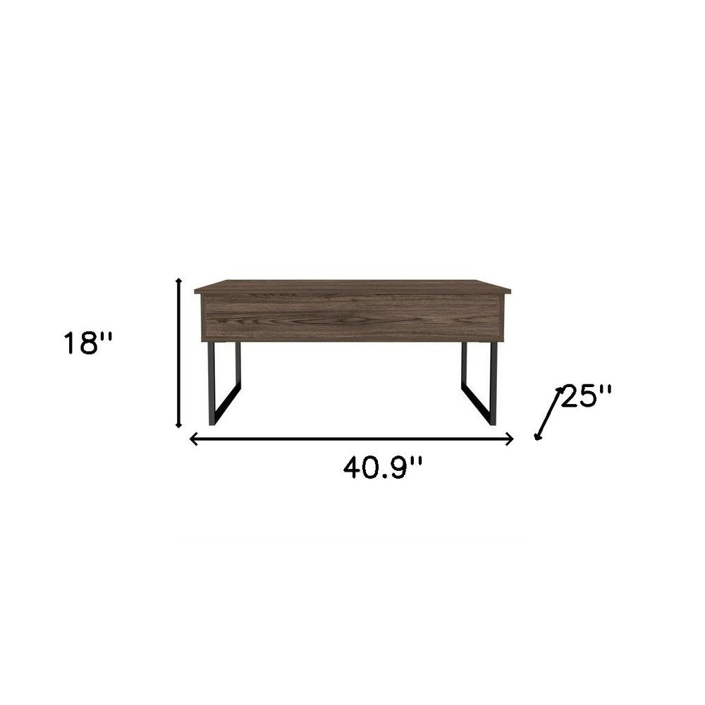 41" Dark Brown and Black Wood and Metal Lift Top Coffee Table
